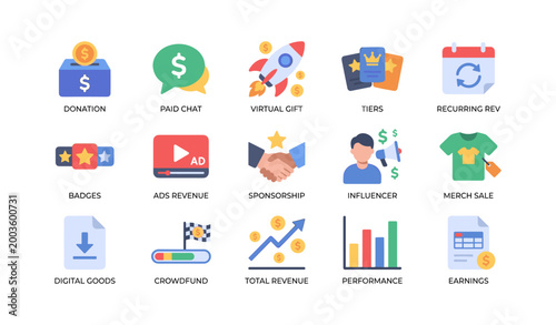 Monetization and revenue icons showing creator earning methods on white