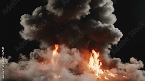Thick gray smoke rises against a black background with flames sparking and debris swirling