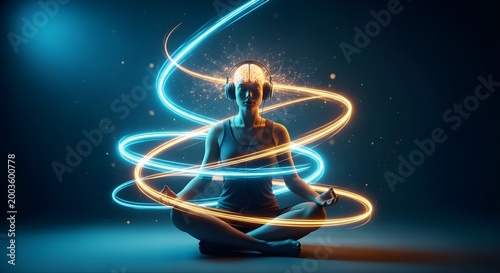 Person Meditating with Swirling Neon Energy Trails.