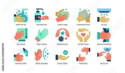 Hand hygiene icons showing washing and sanitizing actions in grid