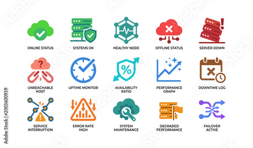Status icons for system monitoring and uptime on white