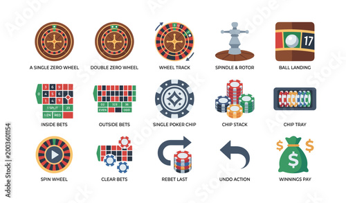 Roulette wheels and betting icons arranged on white board