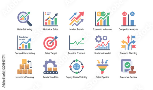 Forecasting and planning icons for sales inventory and supply chain