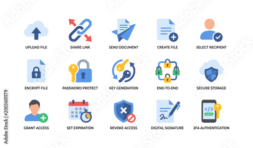 File sharing and security icons displayed in grid on white background