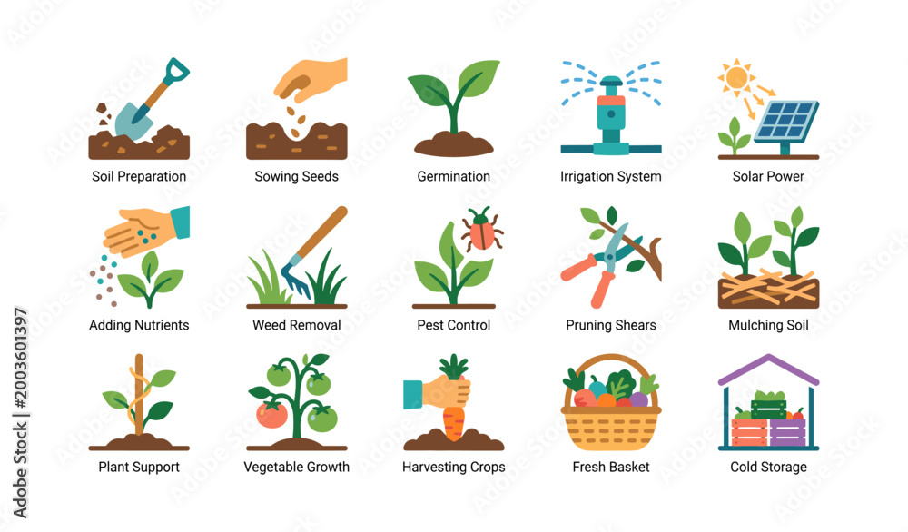 Fototapeta premium Gardening and small scale farming icons on white background