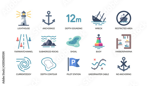 Nautical navigation and marine chart icons on white background
