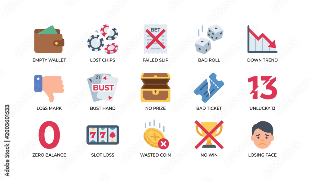 Fototapeta premium Gambling loss and failure icons showing casino related setbacks