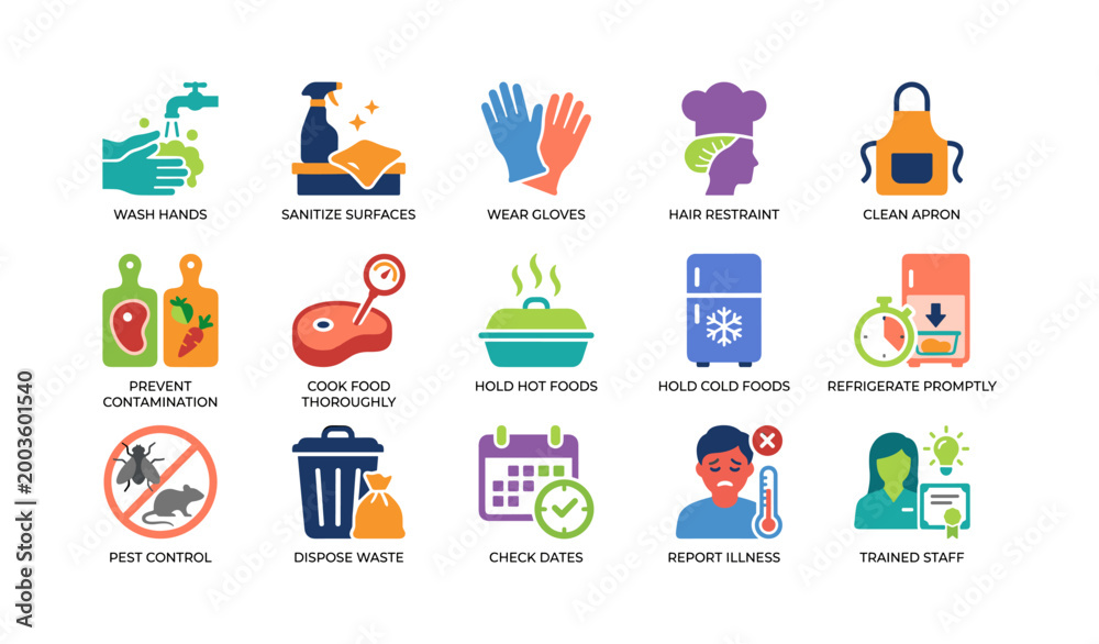 Fototapeta premium Food safety practices and hygiene icons for kitchen environment