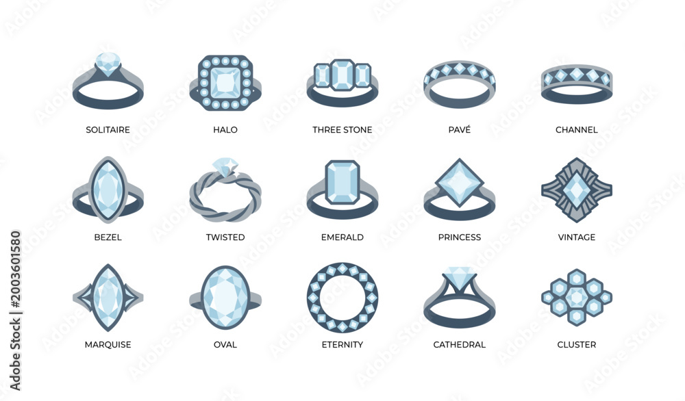 Fototapeta premium Rings arranged in labeled grid showing different diamond settings