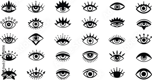 Mystic eye symbols collection in black line style, abstract vision icons set with decorative lashes and occult elements