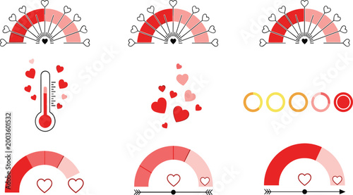 Love meters and heart indicators collection, romantic rating scale vector illustration set with gauges thermometers and icons