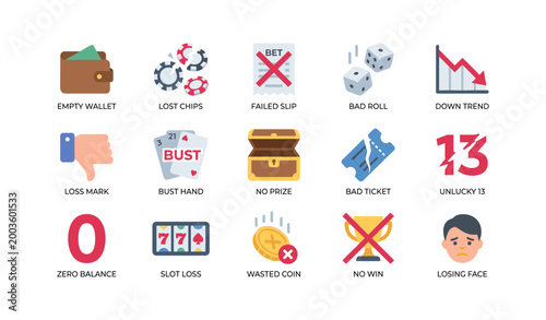 Gambling loss and failure icons showing casino related setbacks