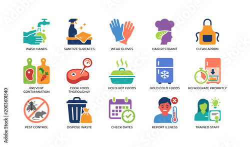 Food safety practices and hygiene icons for kitchen environment