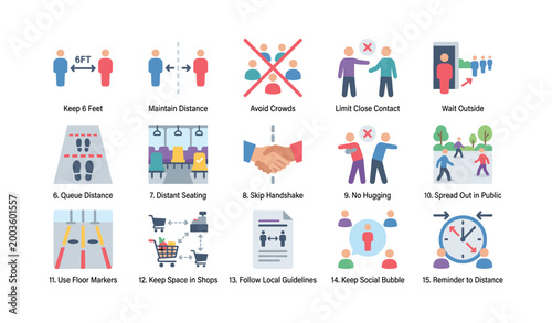 Social distancing guideline icons arranged in grid on white background