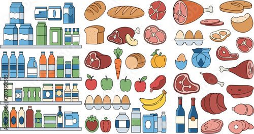 Grocery and food products collection with meat dairy beverages bread and fruits, flat vector illustration set of supermarket items