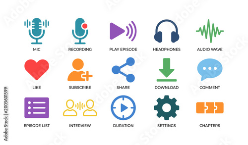 Podcast icons grid showing playback and interaction controls on white