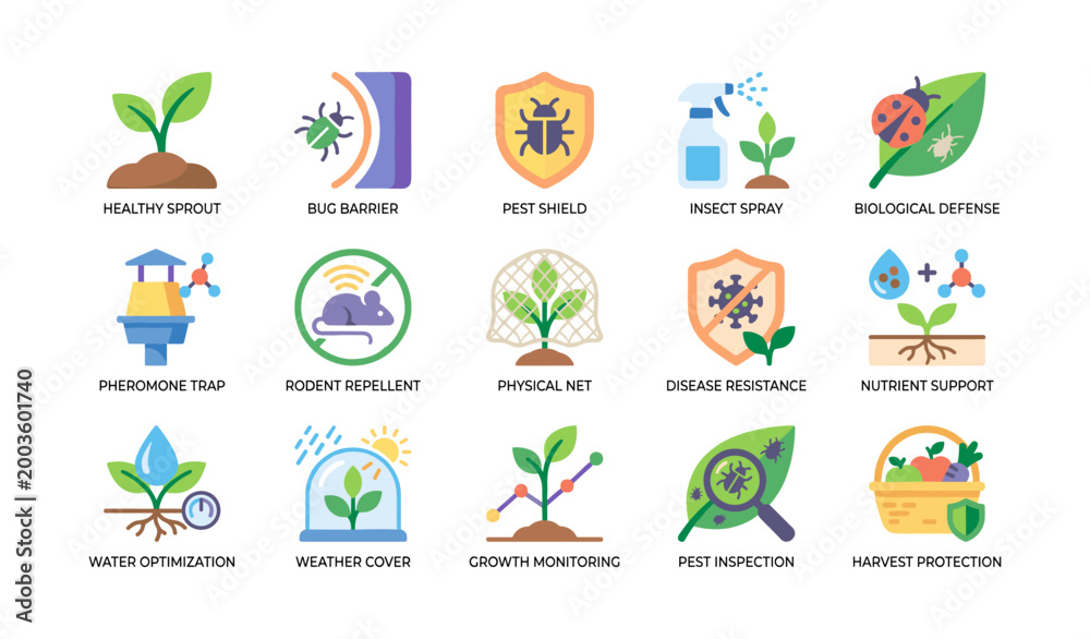 Obraz premium Crop protection and pest control icons arranged in grid on white