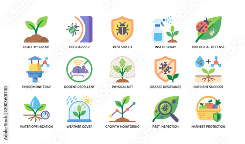 Crop protection and pest control icons arranged in grid on white