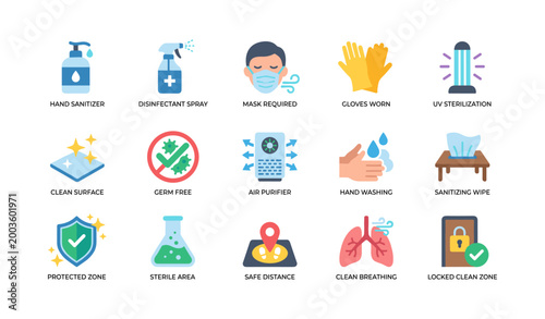 Hygiene and sterilization icons showing sanitation tools and safety