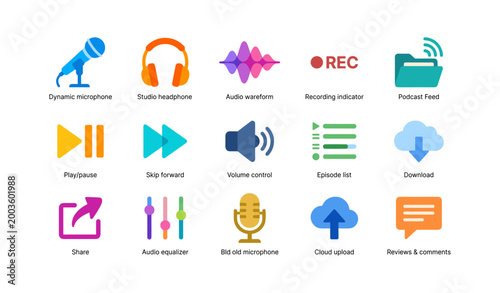 Podcast and audio control icons displayed in grid layout