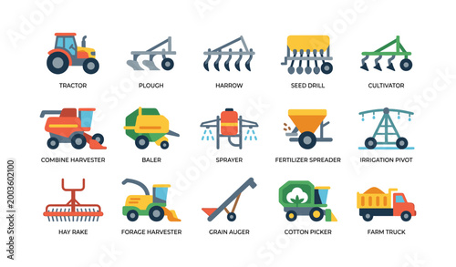Tractors and farm machinery icons arranged in grid on white background