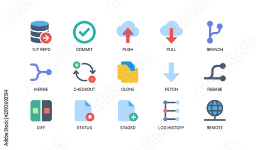 Version control icons representing git actions on white background