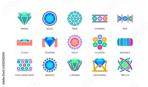 Gemstone setting icons arranged in grid on white background