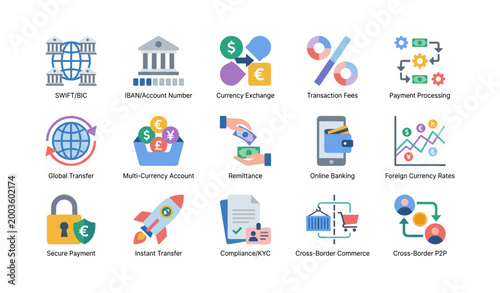 Financial icons illustrating banking and transfer concepts grid