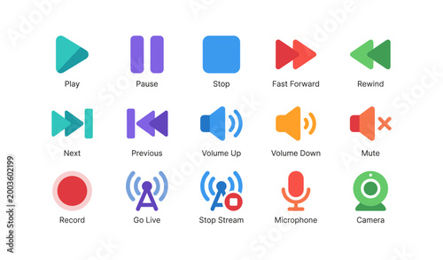 Media control and streaming icons arranged on white background