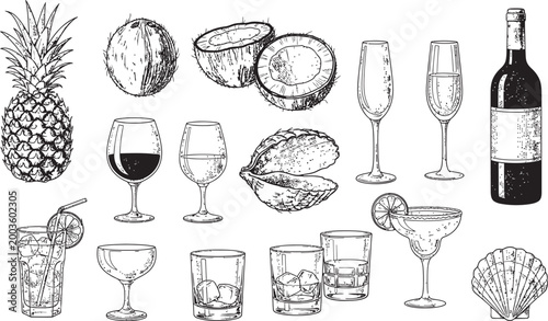 Vintage cocktail & tropical objects engraving sheet vector , Tropical fruits, seafood, and alcoholic drinks in a vintage sketch style