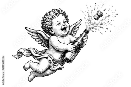 joyful cupid angel flying with a champagne bottle as the cork pops in a playful monochrome cartoon illustration