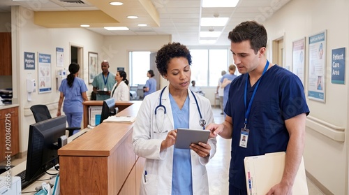 Two healthcare professionals discuss patient information on a tablet in a busy hospital corridor.