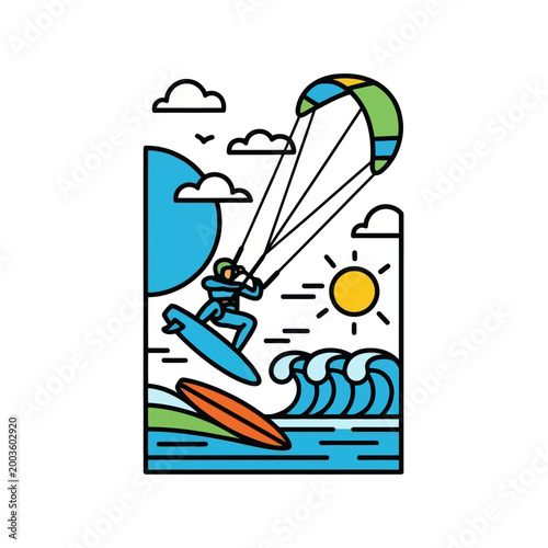 Kite surfer jumping over waves, extreme water sport, summer vacation, vector illustration