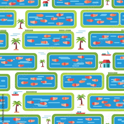 Aquaculture Farm Pattern: Fish Ponds, Palm Trees, Boats, and Houses