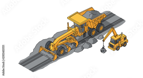 Heavy Construction Equipment Working on Road Construction Site.