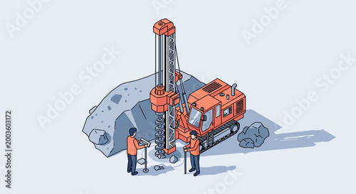 Industrial Drilling Rig Operating on Rocky Terrain with Workers.
