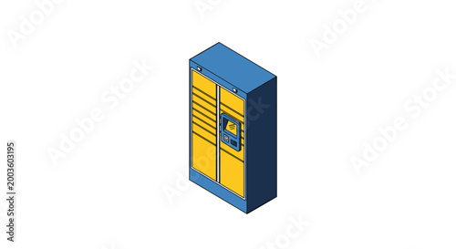 Isometric illustration of a blue and yellow parcel locker.