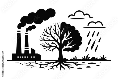 Environmental pollution vector illustration factory emissions dying tree and acid rain impact