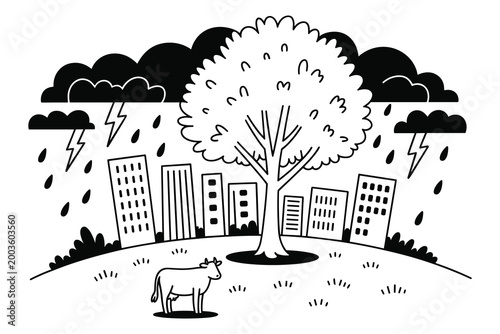 Stormy weather vector illustration cityscape tree and cow in rain