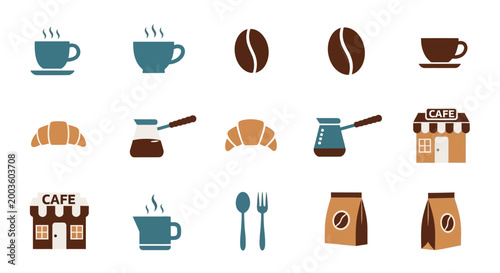 Coffee and Croissant Breakfast Icons Set.