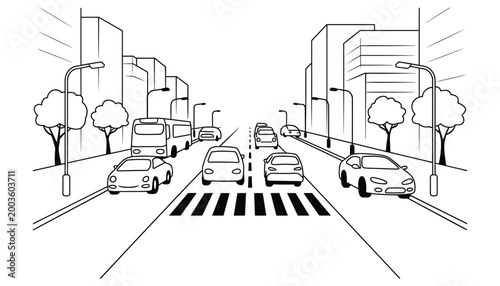 Urban street scene vector illustration of traffic pedestrian crossing and city buildings