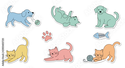 Cuadro en lienzo Colorful cartoon pets playing together happily.