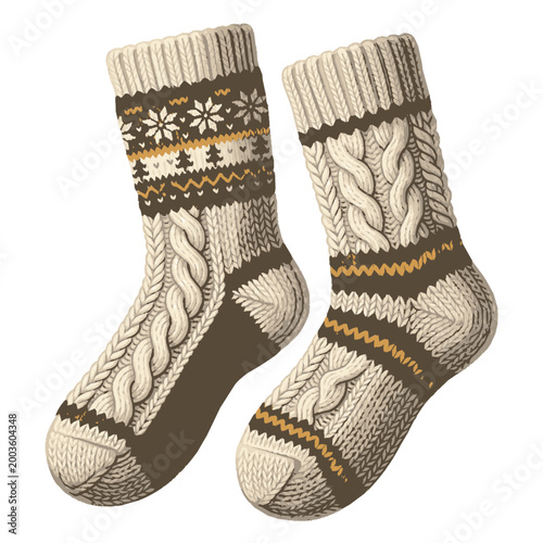 Two warm knitted winter socks with a cozy and festive design