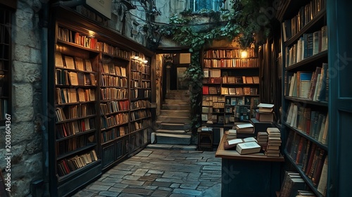 Enchanting old bookshop alleyway filled with vintage books and greenery