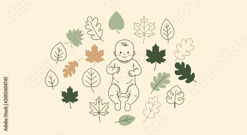 Baby Surrounded by Colorful Leaves Illustration.