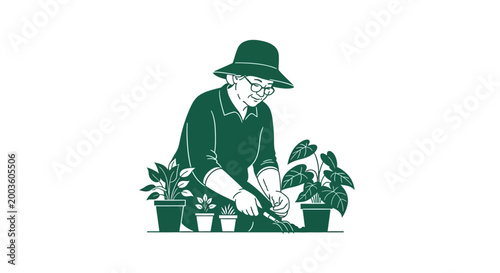 Gardener with potted green plants.