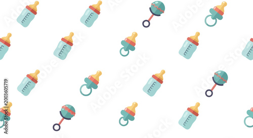 Baby Bottle and Rattle Seamless Pattern - Newborn Essentials Background