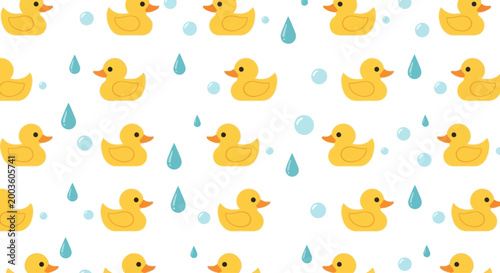 Cute Yellow Rubber Duck Pattern with Water Drops and Bubbles