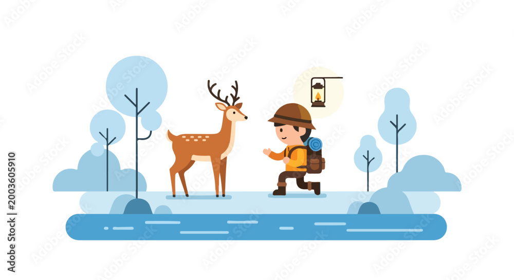 Obraz premium An adorable hiker with a backpack and lantern encounters a friendly deer in a peaceful, blue-toned winter forest by a small stream.