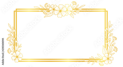 Golden floral frame, elegant border with flowers and leaves, decorative element
